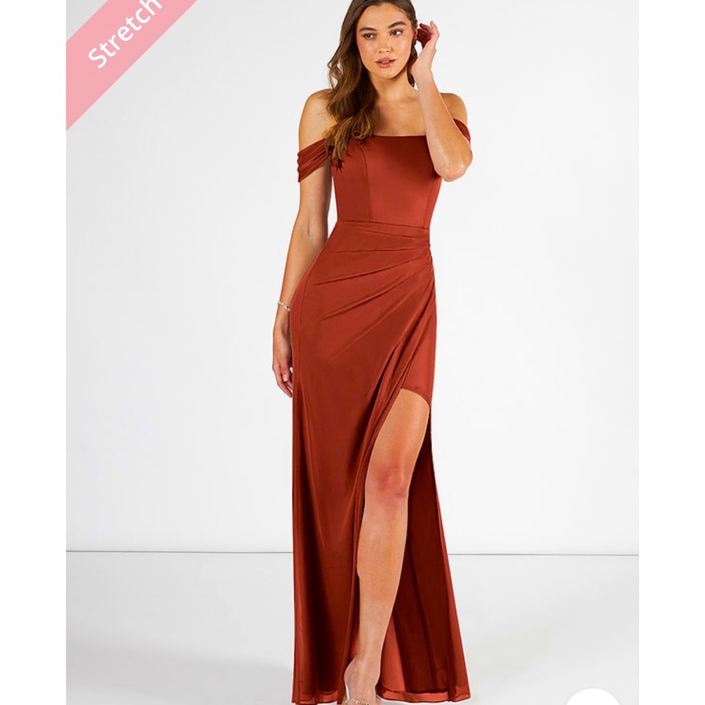 Off the shoulder mesh floor length dress, terracotta size 8